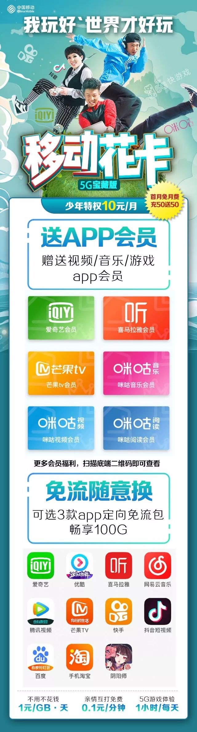 中國移動推移動花卡寶藏版套餐：95后10元/月，可玩5G游戲