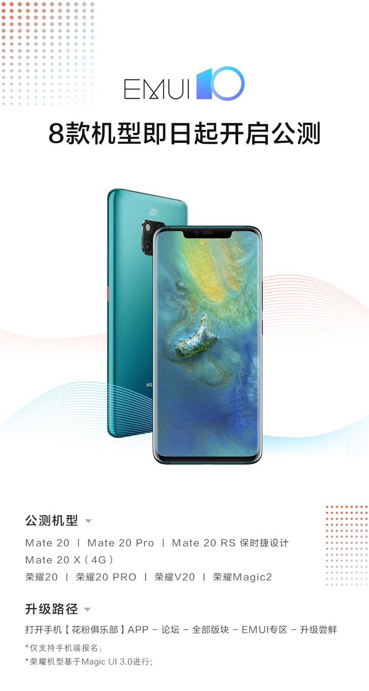 華為Mate20/Pro、榮耀20/Pro等8款機型開啟EMUI10公測