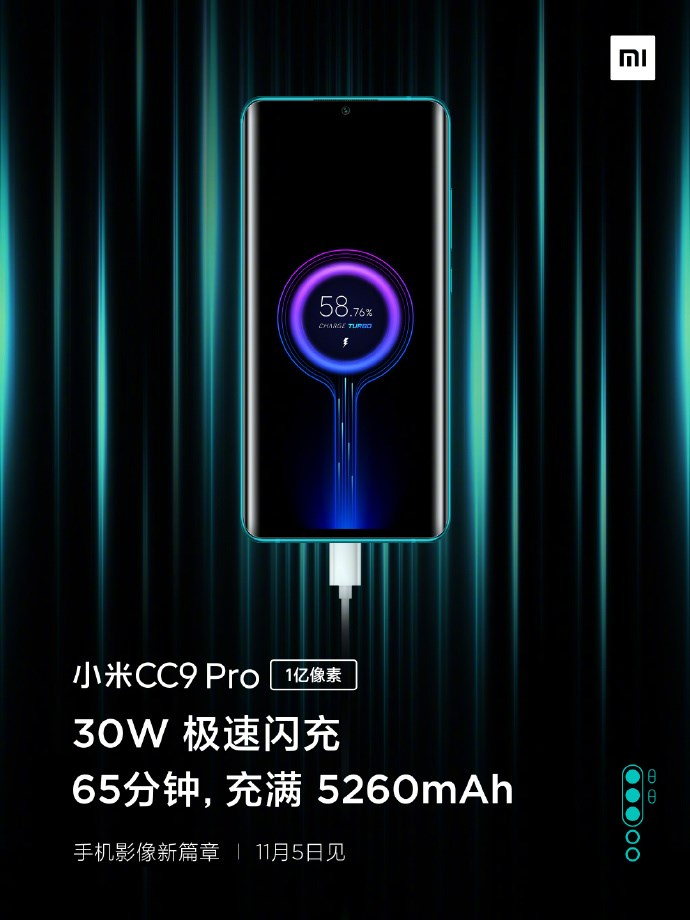 小米CC9 Pro配備30W閃充，65分鐘可充滿電
