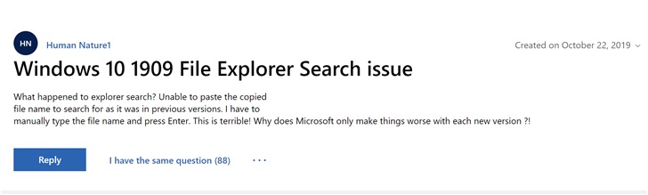 Windows 10更新Bug禁用了文件資源管理器搜索框右鍵單擊