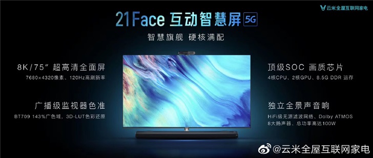 云米發(fā)布 21Face 互動(dòng)智慧屏：8K超高清，支持5G