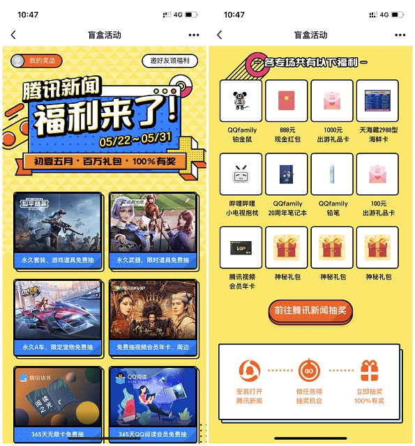 騰訊新聞福利來了 完成任務抽騰訊視頻VIP+現金紅包+神秘禮包