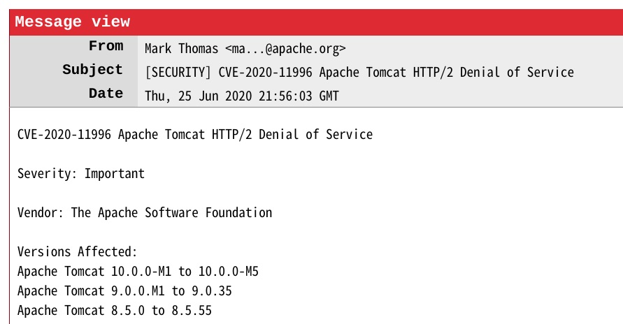 Apache Tomcat HTTP/2 DoS 漏洞，影響多個(gè)版本