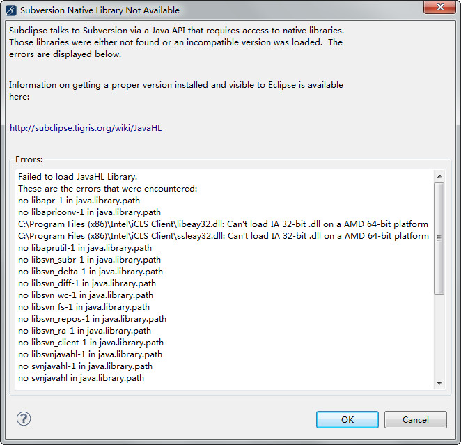 Eclipse 出現Failed to load JavaHL Library解決方法