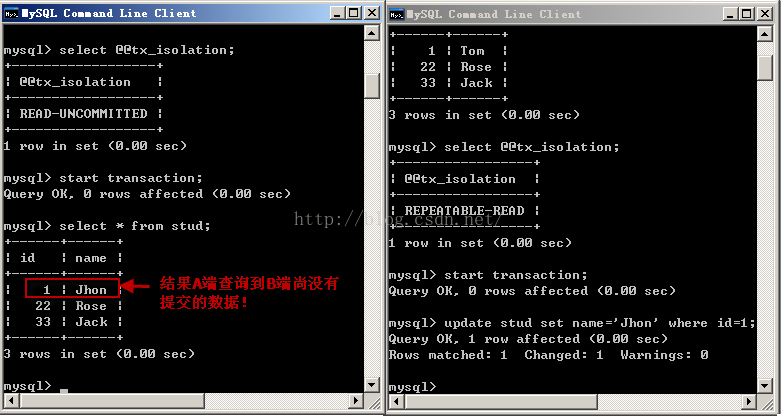 mysql 詳解隔離級別操作過程(cmd)