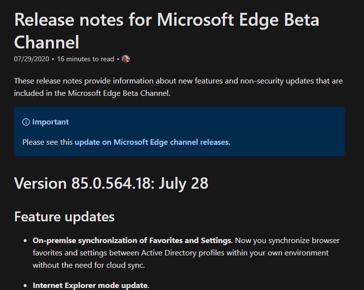 微軟 Edge 瀏覽器 Beta 85.0.564.18 更新：支持本地同步收藏夾、設(shè)置
