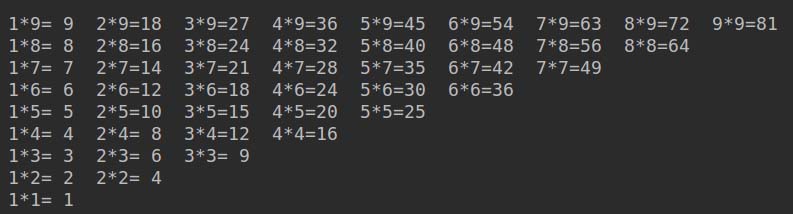 利用Python循環(包括while&for)各種打印九九乘法表的實例