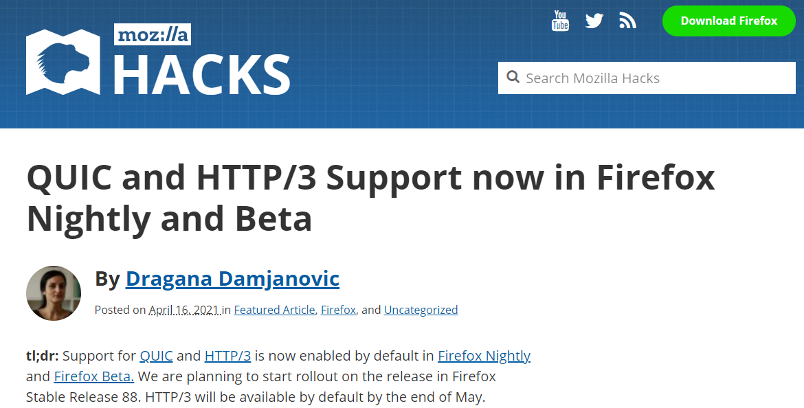 Firefox Nightly/Beta 默認啟用 QUIC 和 HTTP/3 支持