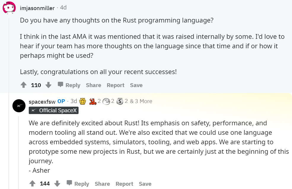 SpaceX 使用 Rust 為部分新項目構建原型