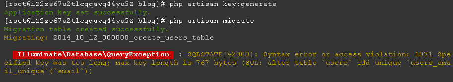 解決Laravel5.x的php artisan migrate數據庫遷移創建操作報錯SQLSTATE[42000]