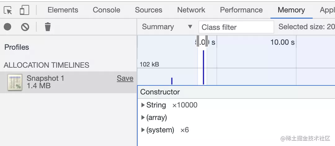 通過(guò) Chrome Devtools 的 Memory 工具證明 string 的內(nèi)存分配方式